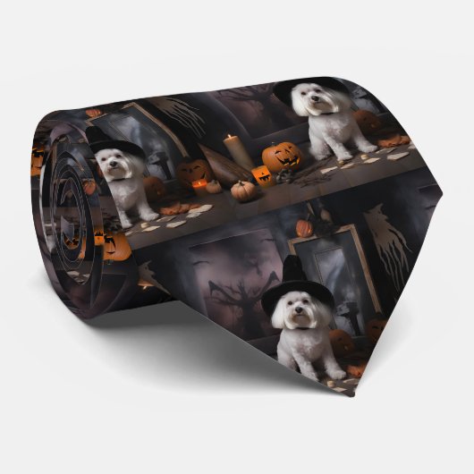 Maltese Pompoenen Halloween Griezelen Stropdas (Opgerold)