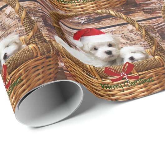 Maltese Puppies in een kerstmand Cadeaupapier (Rol Hoek)