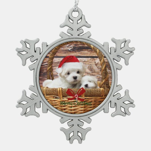 Maltese Puppies in een kerstmand Tin Sneeuwvlok Ornament (Voorkant)