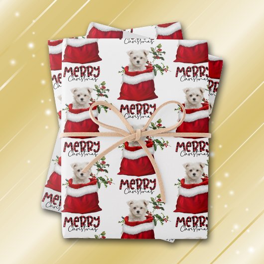 Maltese puppy Dog in holiday Gift Bag Inpakpapier Vel