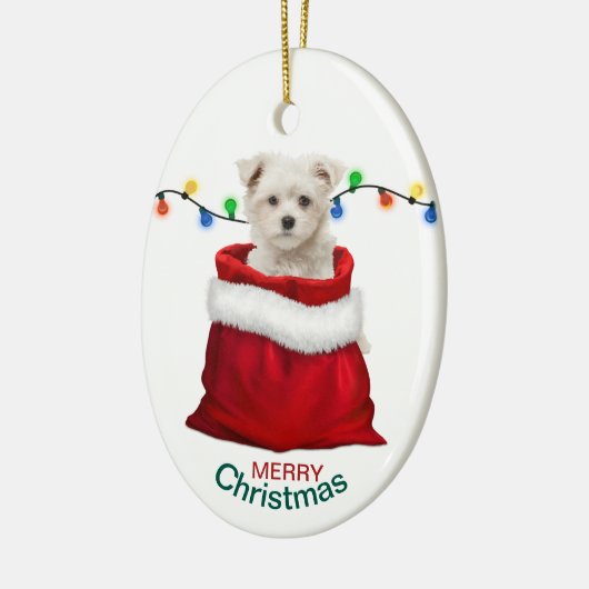 Maltese puppy Dog in Holiday Gift Bag Keramisch Ornament (Links)
