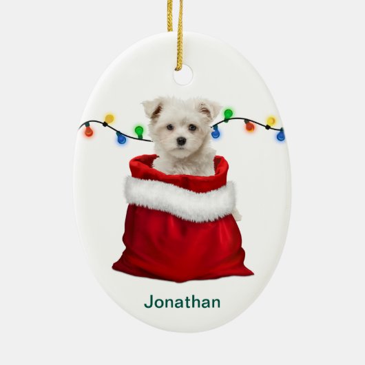 Maltese puppy Dog in Holiday Gift Bag Keramisch Ornament (Achterkant)