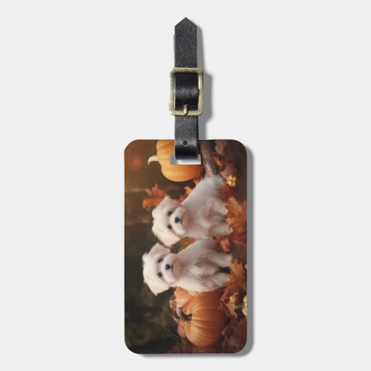 Maltese puppy herfst verrukking pompoen bagagelabel (Voorkant verticaal)