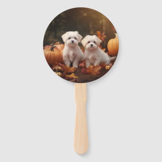 Maltese puppy herfst verrukking pompoen handwaaier (Voorkant)