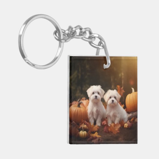 Maltese puppy herfst verrukking pompoen sleutelhanger (Voorkant Links)