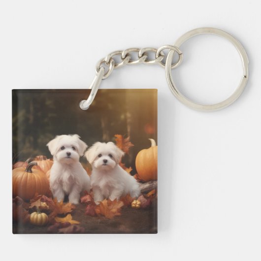 Maltese puppy herfst verrukking pompoen sleutelhanger (Achterkant)
