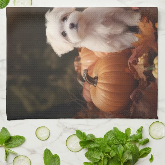 Maltese puppy herfst verrukking pompoen theedoek (Gevouwen)
