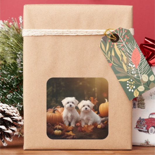 Maltese puppy herfst verrukking pompoen vierkante sticker (Feestdagen)