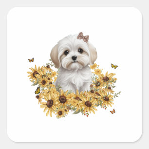 Maltese puppy met gele Herfst bloemen Vierkante Sticker