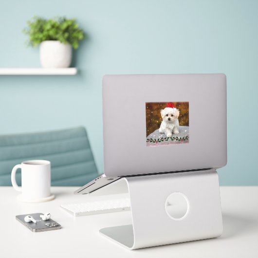Maltese puppy met kerstmis sticker (Laptop op bureau)