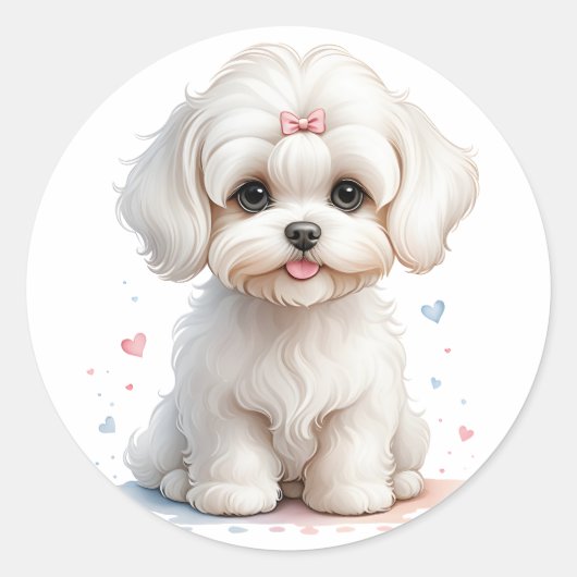 Maltese puppy met roze boog ronde sticker (Voorkant)
