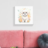 Maltese puppy met Summer Flowers Wall Art Canvas Afdruk (Insitu (Woonkamer))
