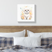 Maltese puppy met Summer Flowers Wall Art Canvas Afdruk (Insitu (Slaapkamer))