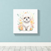 Maltese puppy met Summer Flowers Wall Art Canvas Afdruk (Insitu (Houten vloer))