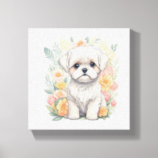 Maltese puppy met Summer Flowers Wall Art Canvas Afdruk (Voorkant)