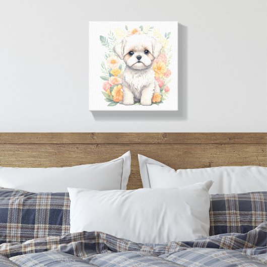Maltese puppy met Summer Flowers Wall Art Canvas Afdruk (Insitu (Slaapkamer))