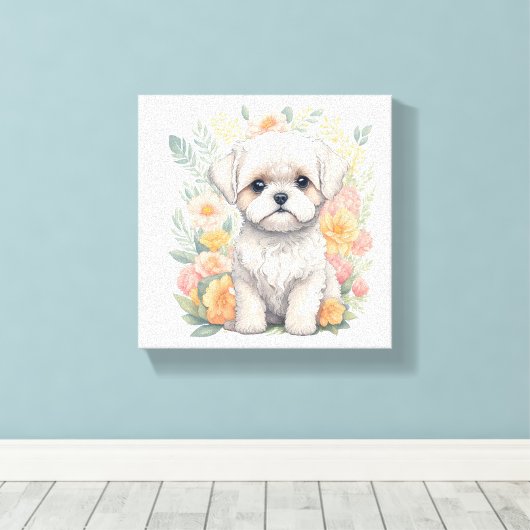 Maltese puppy met Summer Flowers Wall Art Canvas Afdruk (Insitu (Houten vloer))