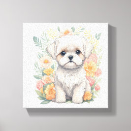Maltese puppy met Summer Flowers Wall Art Canvas Afdruk