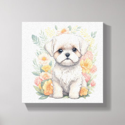 Maltese puppy met Summer Flowers Wall Art Canvas Afdruk (Voorkant)