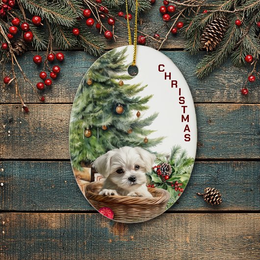 Maltese puppy rieten mand kerst keramisch ornament