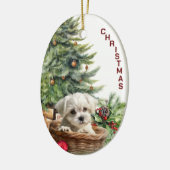 Maltese puppy rieten mand kerst keramisch ornament (Links)