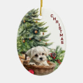 Maltese puppy rieten mand kerst keramisch ornament (Voorkant)