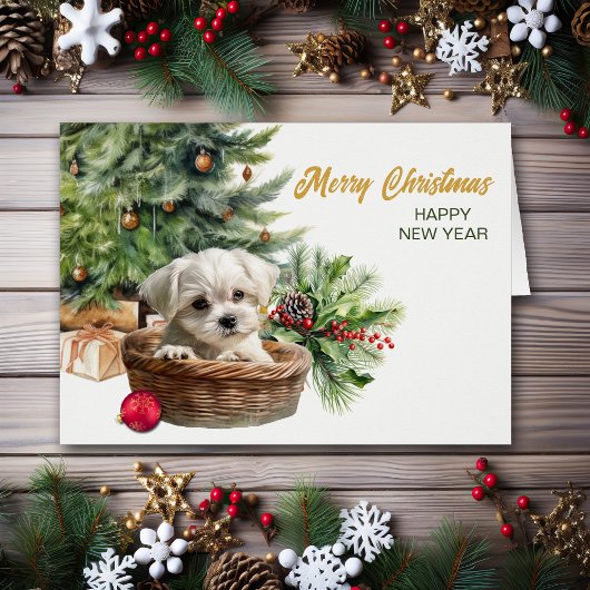 Maltese puppy rieten mand kerstboom