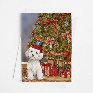 Maltese puppy Waterverf onder de kerstboom Kaart