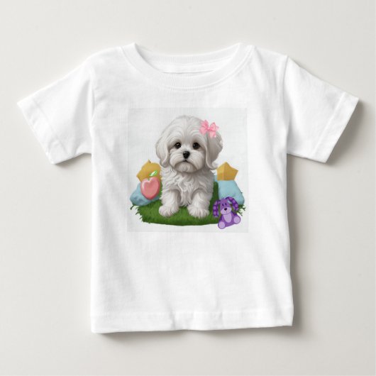 Maltese puppy zitten met haar speelgoed (Voorkant)