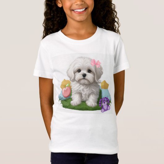 Maltese puppy zitten met haar speelgoed t-shirt (Voorkant)