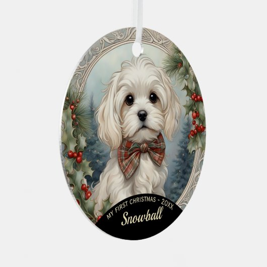 Maltese Puppy's Eerste Kerstmis Ornament (Voorkant Rechts)