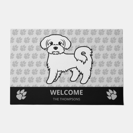Maltese Schattige Cartoon Hond & Aangepaste Tekst Deurmat (Voorkant)