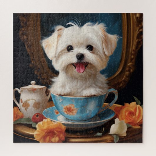 Maltese Sitting in a Teacup Vintage Legpuzzel (Verticaal)