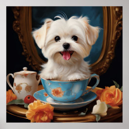 Maltese Sitting in a Teacup Vintage Poster