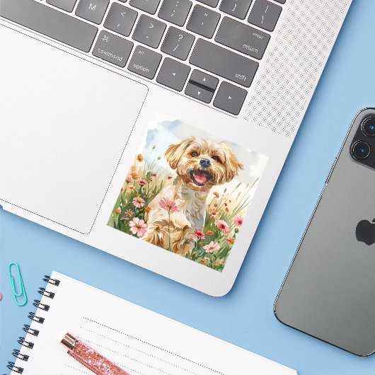 Maltese Watercolor Sticker (Laptop met iPhone)
