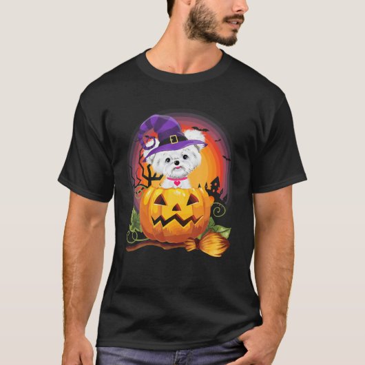Maltese witch Pumpkin Halloween Hondenliefhebber C T-shirt (Voorkant)
