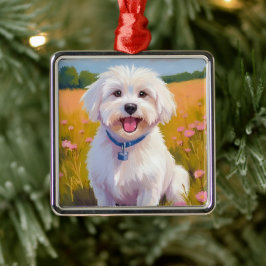 Maltezer Hond | Bloem Veld Huisdier Schilderij Metalen Ornament