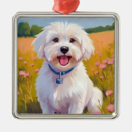 Maltezer Hond | Bloem Veld Huisdier Schilderij Metalen Ornament