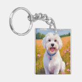 Maltezer Hond | Bloem Veld Huisdier Schilderij Sleutelhanger (Voorkant Links)