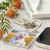 Maltezer Hond | Bloem Veld Huisdier Schilderij Sleutelhanger (Voorkant Rechts)