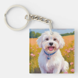 Maltezer Hond | Bloem Veld Huisdier Schilderij Sleutelhanger