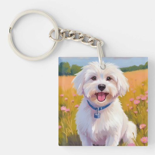 Maltezer Hond | Bloem Veld Huisdier Schilderij Sleutelhanger (Voorkant)