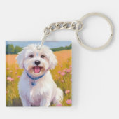 Maltezer Hond | Bloem Veld Huisdier Schilderij Sleutelhanger (Achterkant)