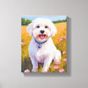 Maltezer Hond Bloem Veld Schilderij Canvas Afdruk