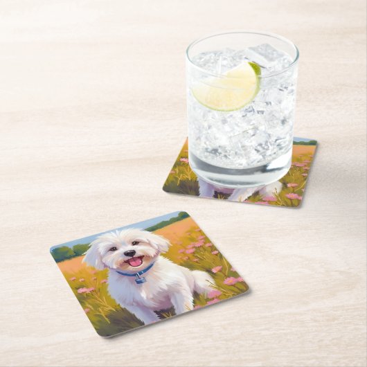 Maltezer Hond Bloem Veld Schilderij Kartonnen Onderzetters (Insitu)
