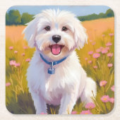Maltezer Hond Bloem Veld Schilderij Kartonnen Onderzetters (Voorkant)