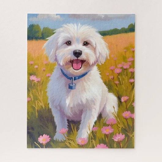 Maltezer Hond Bloem Veld Schilderij Legpuzzel (Verticaal)