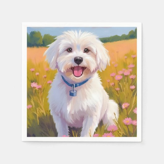 Maltezer Hond Bloem Veld Schilderij Servet (Voorkant)
