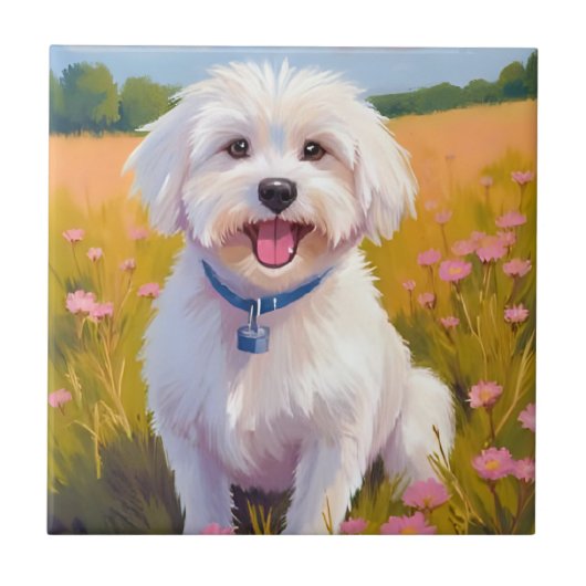 Maltezer Hond Bloem Veld Schilderij Tegeltje (Voorkant)