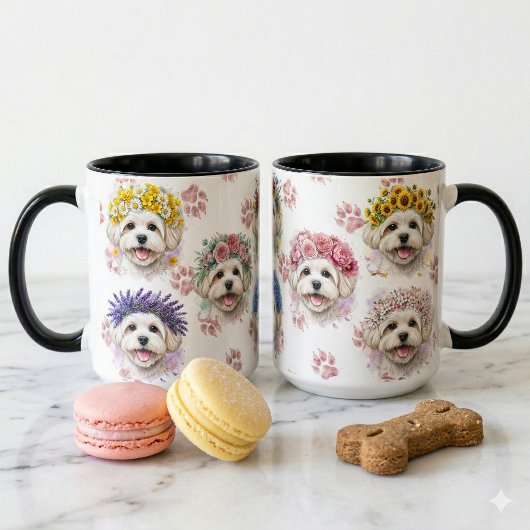 Maltezer Hond Bloemenkrans Aquarel Kunst Mok